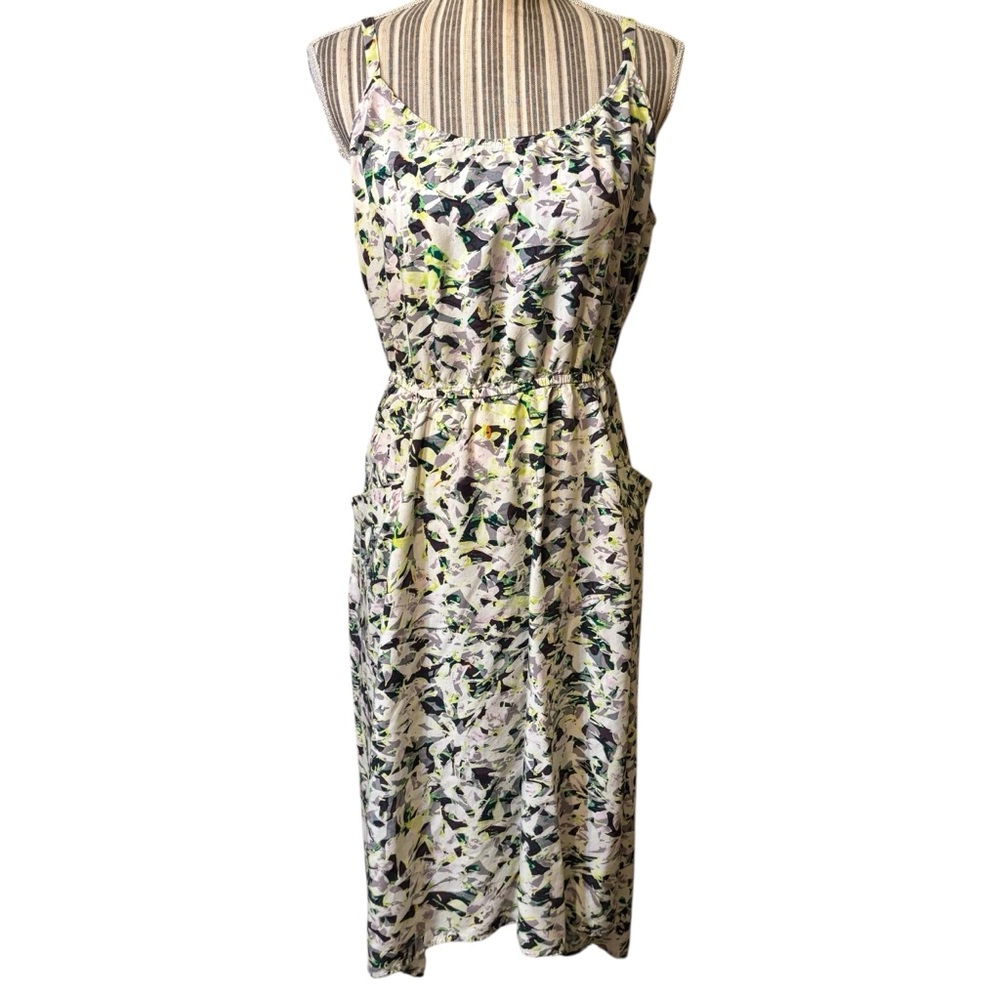 CAbi Dress Large White Midi Abstract Print Purple Green 100% Rayon Sleeveless